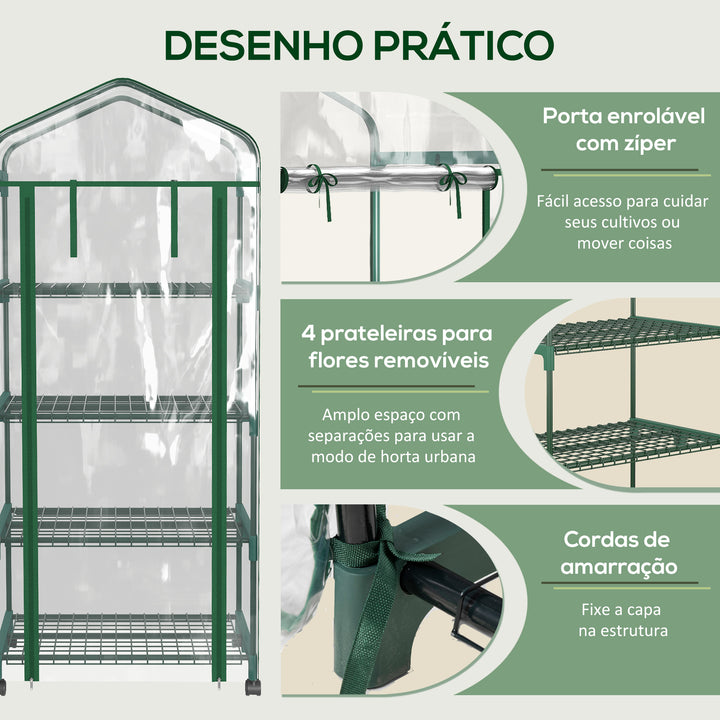 Estufa Pequena Estufa de Exterior com Rodas Prateleiras de 4 Níveis Porta com Fecho de Correr e Estrutura de Aço Estufa para Cultivar Plantas Flores 69x50x165 cm Transparente