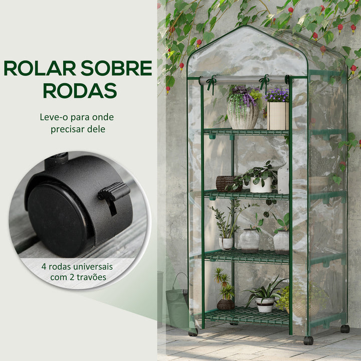 Estufa Pequena Estufa de Exterior com Rodas Prateleiras de 4 Níveis Porta com Fecho de Correr e Estrutura de Aço Estufa para Cultivar Plantas Flores 69x50x165 cm Transparente