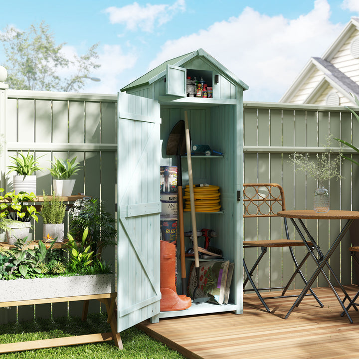 Armário de Jardim de Madeira 77x54,2x179 cm 0,3 m² Armário de Armazenamento de Ferramentas com 3 Prateleiras e 2 Portas com Fechadura para Pátio Varanda Azul Claro