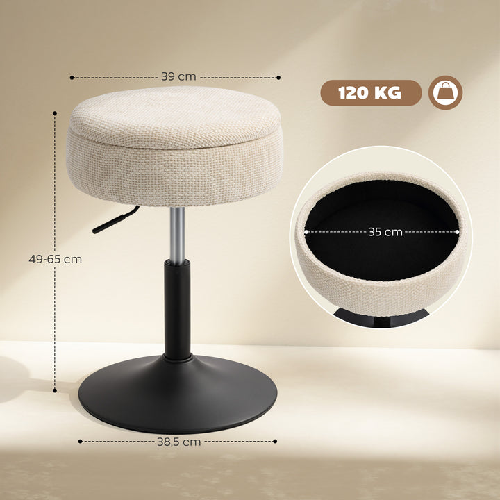 Banco de Bar com Armazenamento Altura Ajustável Banco de Cozinha Redondo Giratório Estofado em Chenilla Base em Aço Acolchoado para Sala de Estar Sala de Jantar Escritório 39x39x49-65 cm Bege