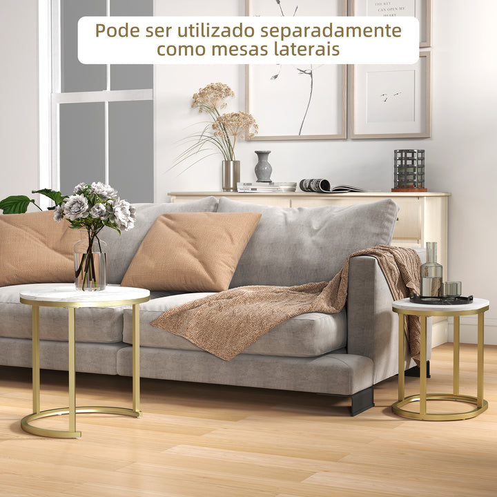 Conjunto de 2 Mesas de Centro Mesas Auxiliares Modernas com Bancada de Efeito Mármore e Estrutura de Aço para Sala Quarto Branco e Dourado
