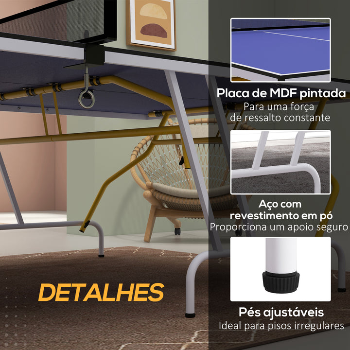 Mesa de Ping-Pong Dobrável Mesa de Ping-Pong Compacta com Rede Apoio para os Pés Ajustáveis e Estrutura de Aço para Interior e Exterior 274x152,5x76 cm Azul