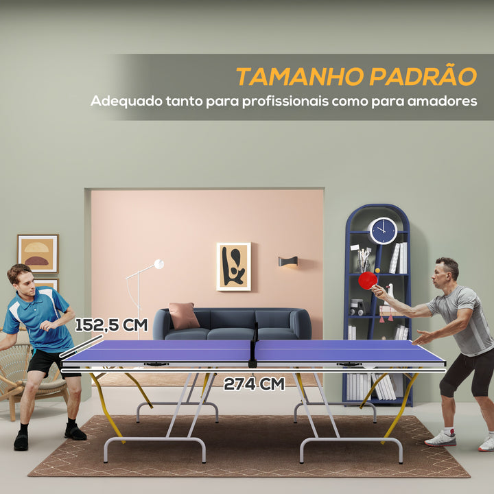 Mesa de Ping-Pong Dobrável Mesa de Ping-Pong Compacta com Rede Apoio para os Pés Ajustáveis e Estrutura de Aço para Interior e Exterior 274x152,5x76 cm Azul