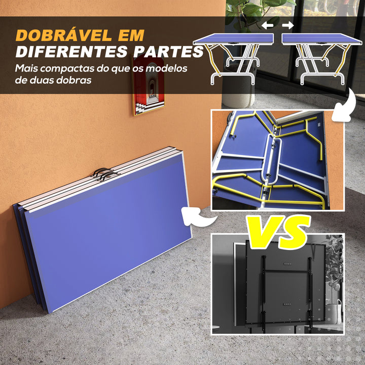 Mesa de Ping-Pong Dobrável Mesa de Ping-Pong Compacta com Rede Apoio para os Pés Ajustáveis e Estrutura de Aço para Interior e Exterior 274x152,5x76 cm Azul