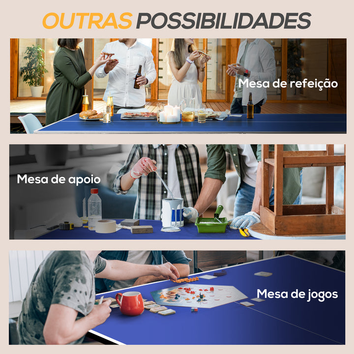 Mesa de Ping-Pong Dobrável Mesa de Ping-Pong Compacta com Rede Apoio para os Pés Ajustáveis e Estrutura de Aço para Interior e Exterior 274x152,5x76 cm Azul