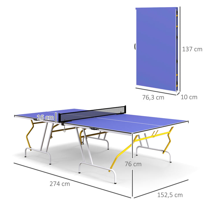 Mesa de Ping-Pong Dobrável Mesa de Ping-Pong Compacta com Rede Apoio para os Pés Ajustáveis e Estrutura de Aço para Interior e Exterior 274x152,5x76 cm Azul