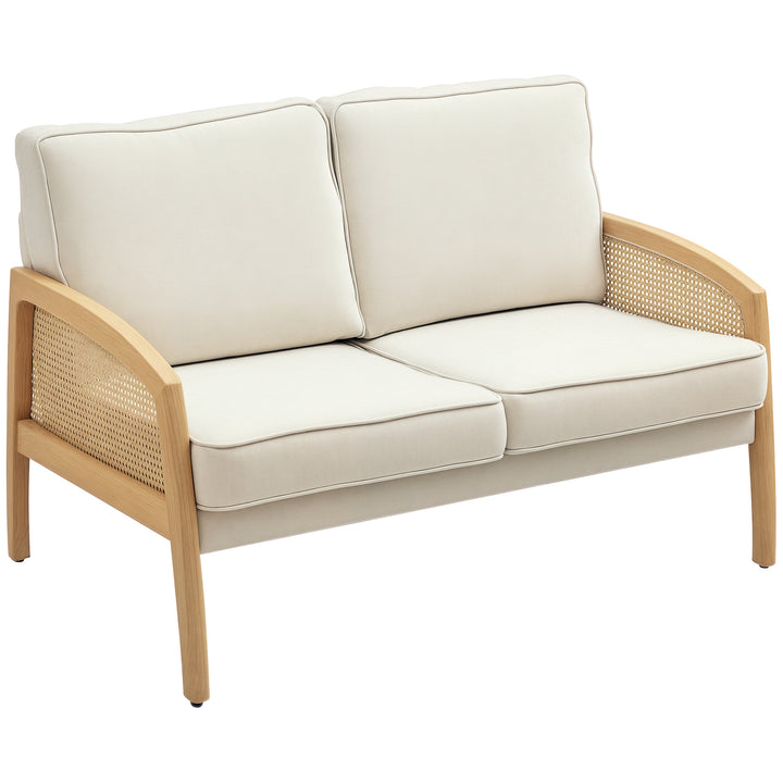 Sofá de 2 Lugares Estofado em Chenille Sofá Sala de Estar com 2 Almofadas Laváveis e Apoio para os Braços em Vime Sintético Sofá Pequeno Carga 240 kg 123x75x88 cm Bege