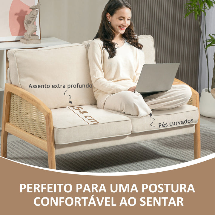 Sofá de 2 Lugares Estofado em Chenille Sofá Sala de Estar com 2 Almofadas Laváveis e Apoio para os Braços em Vime Sintético Sofá Pequeno Carga 240 kg 123x75x88 cm Bege