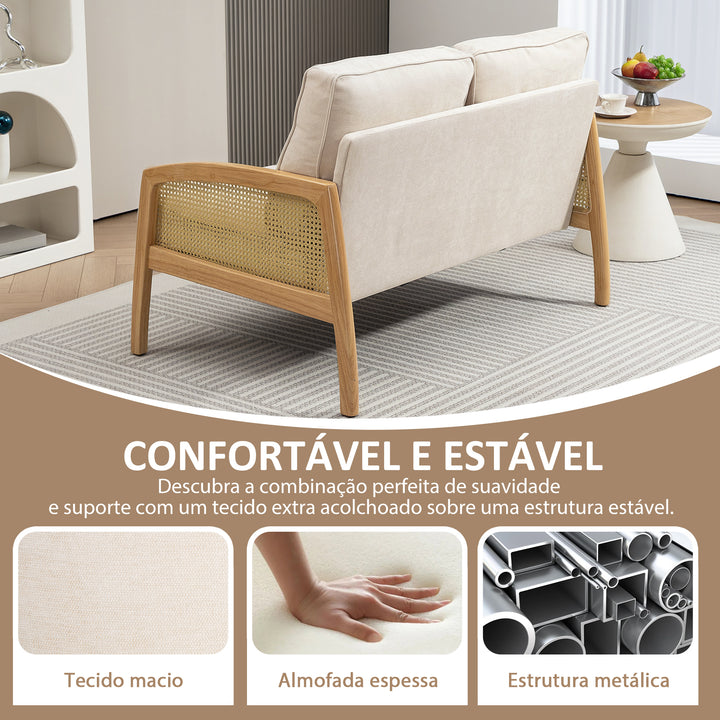 Sofá de 2 Lugares Estofado em Chenille Sofá Sala de Estar com 2 Almofadas Laváveis e Apoio para os Braços em Vime Sintético Sofá Pequeno Carga 240 kg 123x75x88 cm Bege