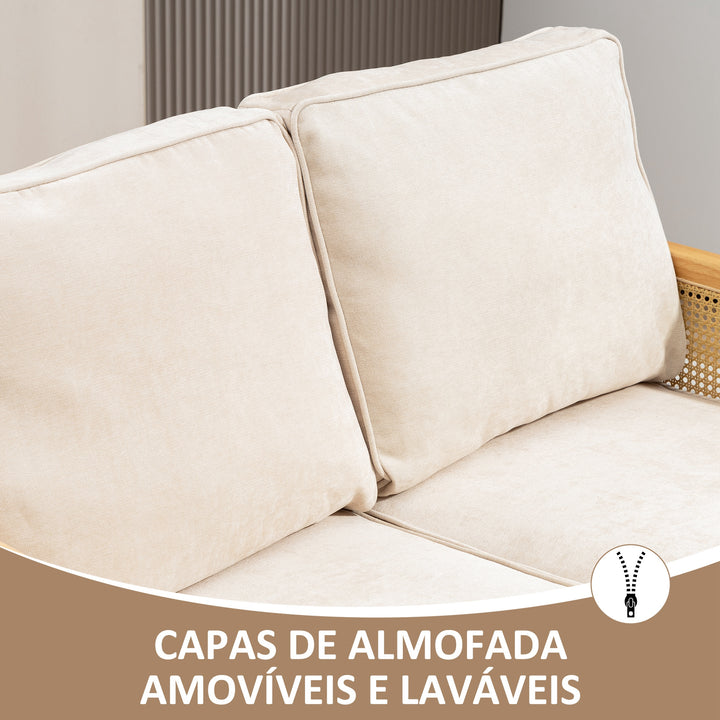Sofá de 2 Lugares Estofado em Chenille Sofá Sala de Estar com 2 Almofadas Laváveis e Apoio para os Braços em Vime Sintético Sofá Pequeno Carga 240 kg 123x75x88 cm Bege