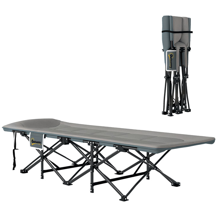 Cama Dobrável de Campismo Cama Portátil para Acampamento Praia com Apoio de Cabeça e Bolso Lateral Suporta até 150 kg 187x67x37 cm Cinzento