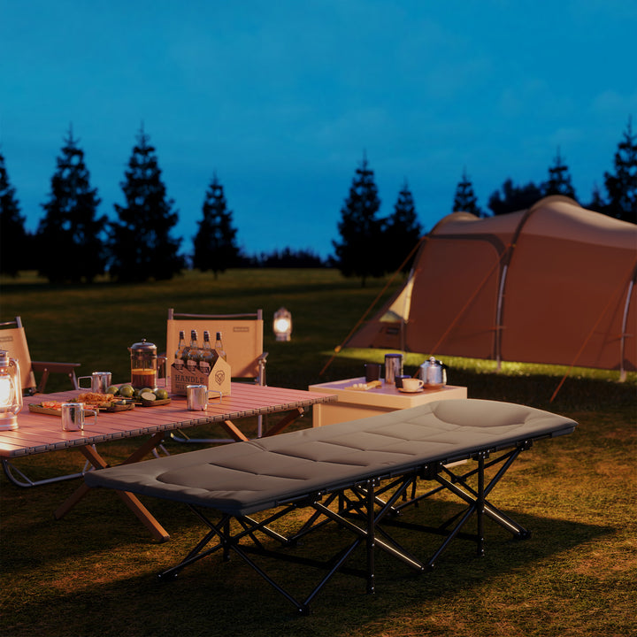 Cama Dobrável de Campismo Cama Portátil para Acampamento Praia com Apoio de Cabeça e Bolso Lateral Suporta até 150 kg 187x67x37 cm Cinzento