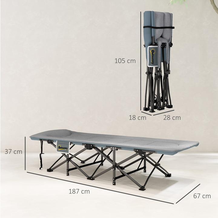Cama Dobrável de Campismo Cama Portátil para Acampamento Praia com Apoio de Cabeça e Bolso Lateral Suporta até 150 kg 187x67x37 cm Cinzento