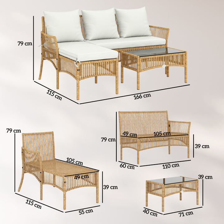 Conjunto de Jardim em Vime de 3 Peças Móveis de Exterior com 1 Sofá de 2 Lugares 1 Chaise Longue e 1 Mesa de Centro com Vidro Temperado, Almofadas Resistente Creme