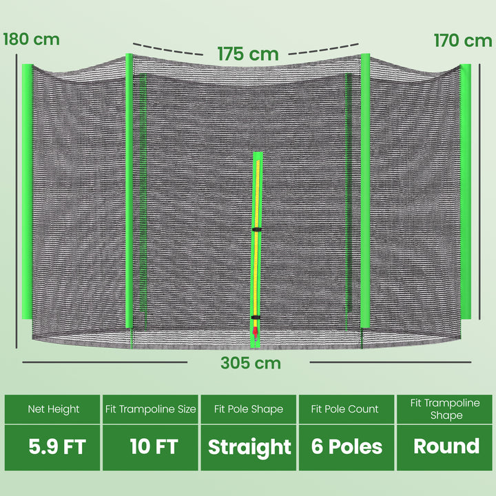 Rede de Segurança para Trampolim Ø305 cm Rede de Substituição de Trampolins para Exterior e Porta com Fecho de Correr para 6 Postes Verde