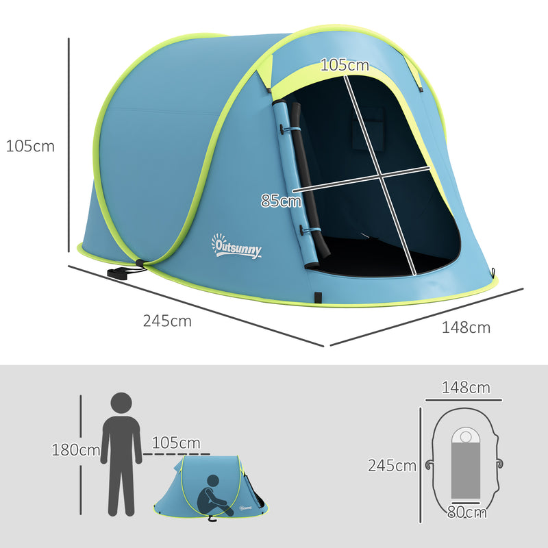 Tenda de Campismo para 2-3 Pessoas Tenda de Campismo Impermeável de 2000 mm com Bolsa de Transporte para Campismo Pesca Trekking 245x148x105 cm Azul