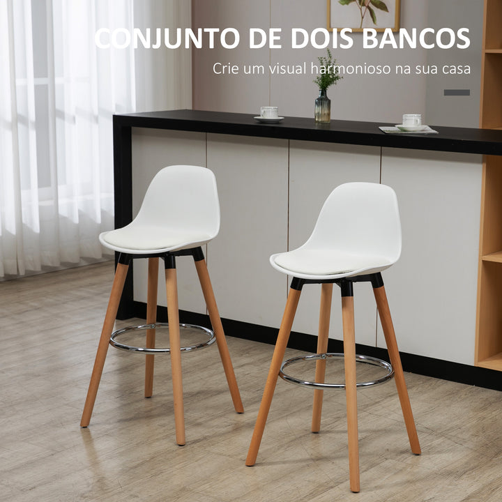 Conjunto de 2 Bancos de Bar Estofado em PU Bancos Altos de Cozinha com Assento de 70cm e Pés de Madeira para Cozinha Sala de Jantar 40x42x91cm Branco