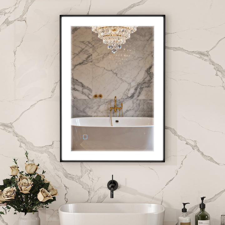 Espelho Casa de Banho com Luz LED 70x50 cm Espelho de Parede com Iluminação Ajustável Função Anti-Embaciamento Função Memória e Estrutura de Liga de Alumínio Preto