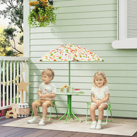 Conjunto de Mesa e Cadeiras para Crianças de Jardim Mesa Infantil com Cadeiras Dobráveis Chapéu de Sol Ajustável e Desenho de Raposas para Pátio Piquenique Verde
