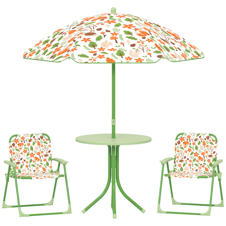 Conjunto de Mesa e Cadeiras para Crianças de Jardim Mesa Infantil com Cadeiras Dobráveis Chapéu de Sol Ajustável e Desenho de Raposas para Pátio Piquenique Verde