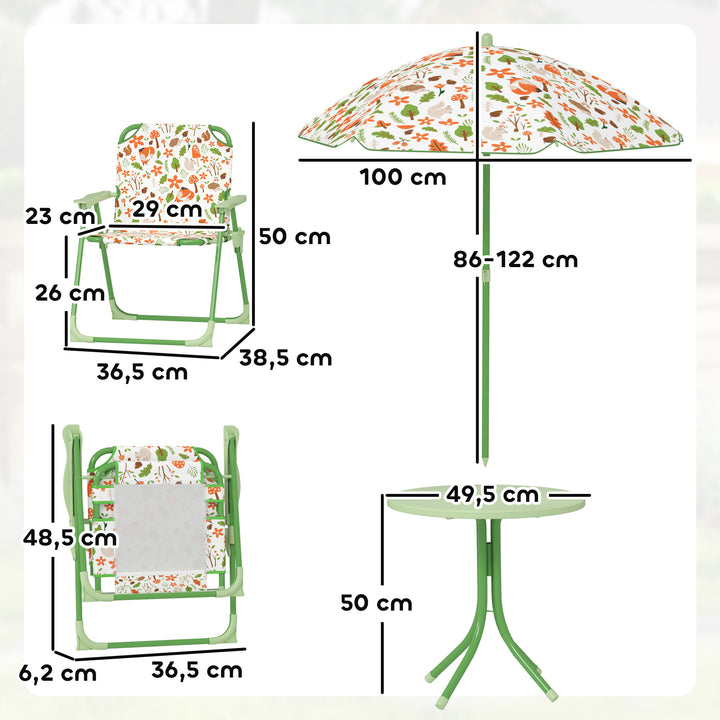 Conjunto de Mesa e Cadeiras para Crianças de Jardim Mesa Infantil com Cadeiras Dobráveis Chapéu de Sol Ajustável e Desenho de Raposas para Pátio Piquenique Verde
