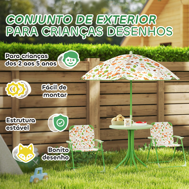 Conjunto de Mesa e Cadeiras para Crianças de Jardim Mesa Infantil com Cadeiras Dobráveis Chapéu de Sol Ajustável e Desenho de Raposas para Pátio Piquenique Verde