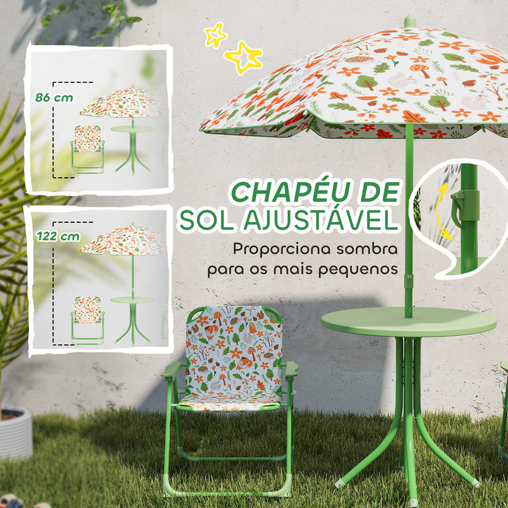 Conjunto de Mesa e Cadeiras para Crianças de Jardim Mesa Infantil com Cadeiras Dobráveis Chapéu de Sol Ajustável e Desenho de Raposas para Pátio Piquenique Verde