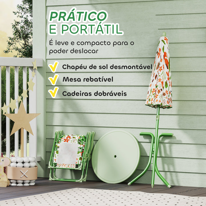 Conjunto de Mesa e Cadeiras para Crianças de Jardim Mesa Infantil com Cadeiras Dobráveis Chapéu de Sol Ajustável e Desenho de Raposas para Pátio Piquenique Verde