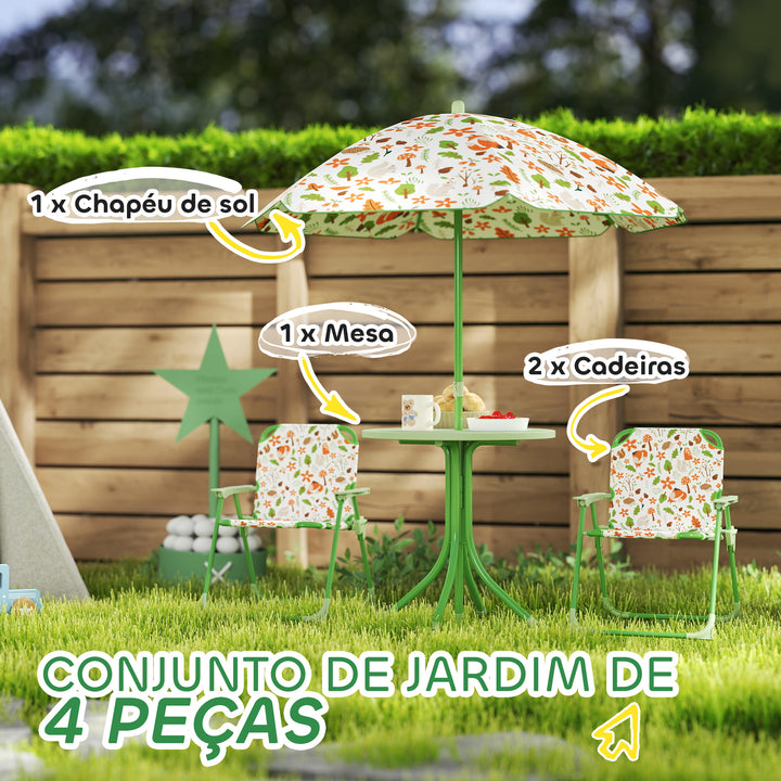 Conjunto de Mesa e Cadeiras para Crianças de Jardim Mesa Infantil com Cadeiras Dobráveis Chapéu de Sol Ajustável e Desenho de Raposas para Pátio Piquenique Verde