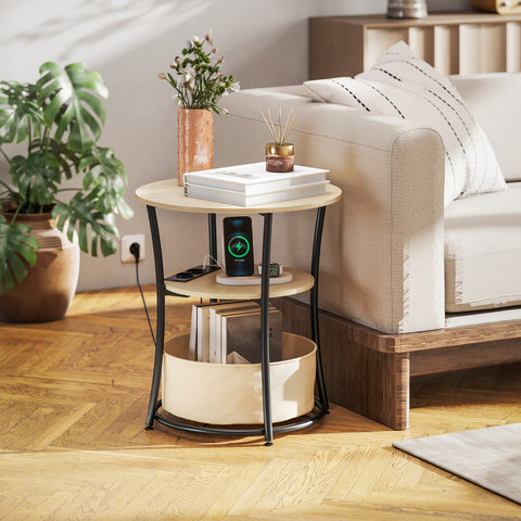 Mesa Auxiliar Redonda de 3 Níveis com Estação de Carregamento Mesa Auxiliar Industrial com 2 Prateleiras Abertas Bolsa de Armazenamento para Sala Quarto Biblioteca Ø50x55,1 cm Madeira e Preto