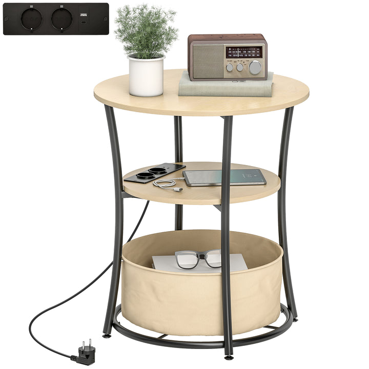 Mesa Auxiliar Redonda de 3 Níveis com Estação de Carregamento Mesa Auxiliar Industrial com 2 Prateleiras Abertas Bolsa de Armazenamento para Sala Quarto Biblioteca Ø50x55,1 cm Madeira e Preto