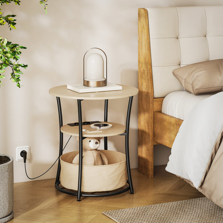 Mesa Auxiliar Redonda de 3 Níveis com Estação de Carregamento Mesa Auxiliar Industrial com 2 Prateleiras Abertas Bolsa de Armazenamento para Sala Quarto Biblioteca Ø50x55,1 cm Madeira e Preto