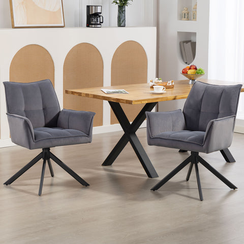 Conjunto de 2 Cadeiras de Refeição Giratórias 360° Cadeiras de Cozinha com Apoio de Braços Encosto Estofado Estofamento em Veludo Pés em Aço para Escritório Conferência Sala de Estar 63x64x85 cm Cinza