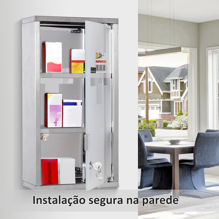 Armario de Medicamentos Farmácia Armário de Primeiros Socorros Aço Inox 3 Estantes Caixa Suspensa de Parede com Fechadura 25x12x48cm