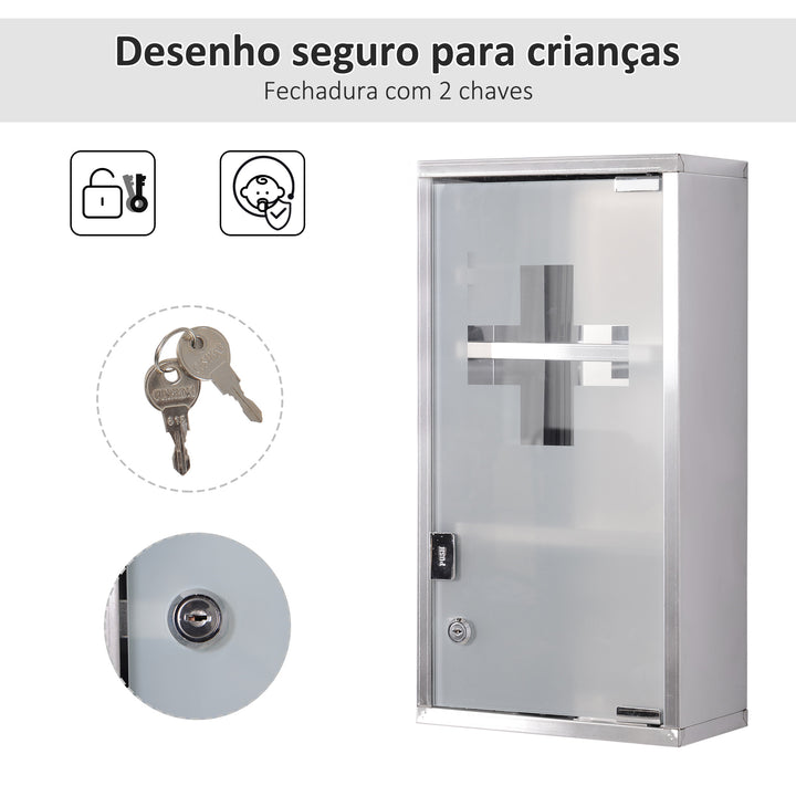 Armario de Medicamentos Farmácia Armário de Primeiros Socorros Aço Inox 3 Estantes Caixa Suspensa de Parede com Fechadura 25x12x48cm