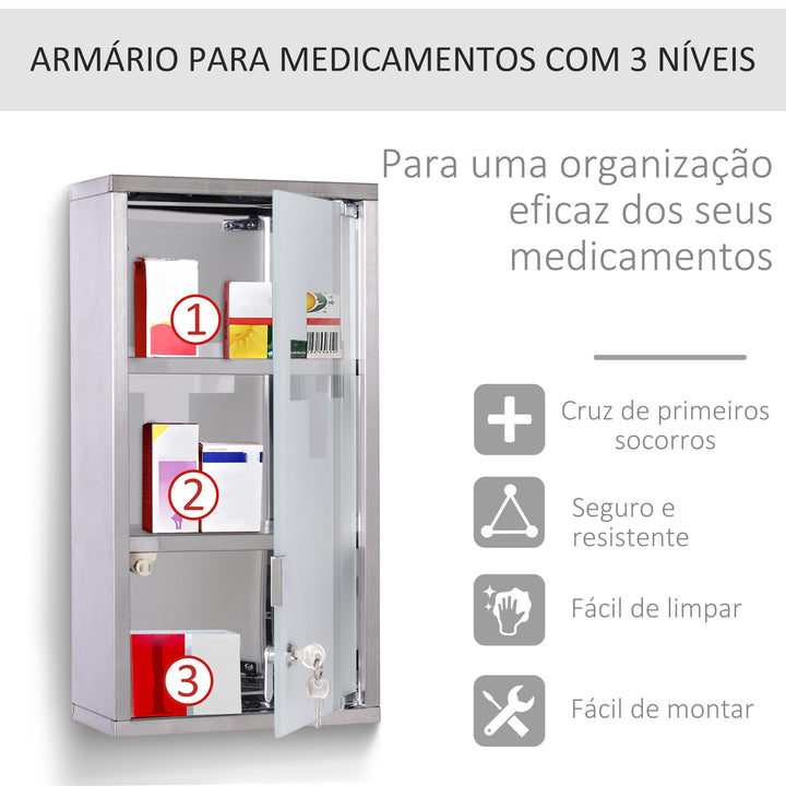 Armario de Medicamentos Farmácia Armário de Primeiros Socorros Aço Inox 3 Estantes Caixa Suspensa de Parede com Fechadura 25x12x48cm