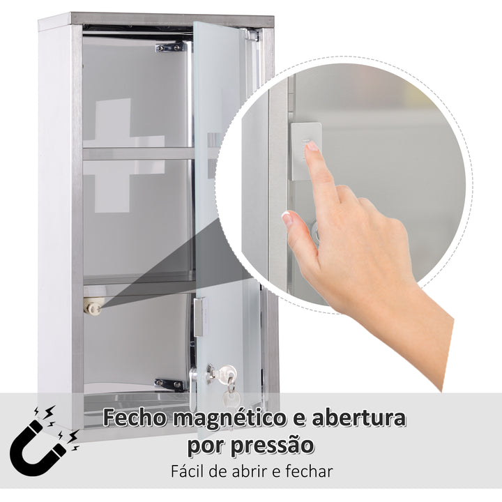 Armario de Medicamentos Farmácia Armário de Primeiros Socorros Aço Inox 3 Estantes Caixa Suspensa de Parede com Fechadura 25x12x48cm