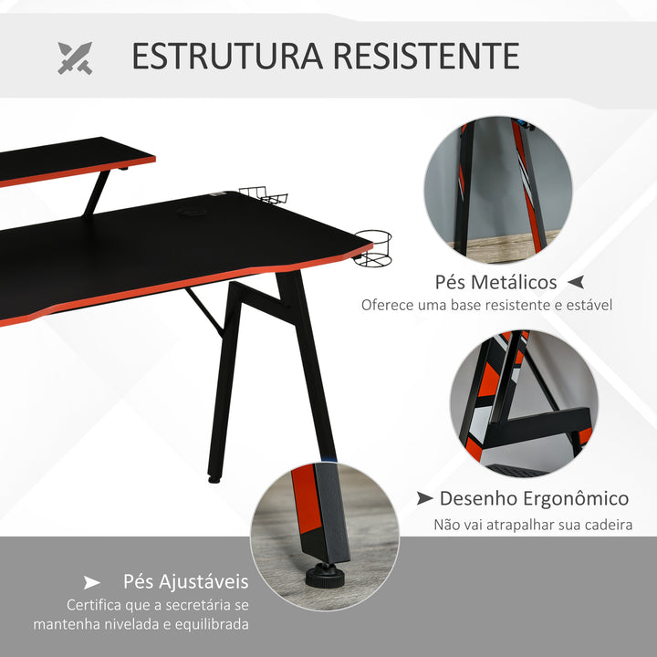 Mesa Gaming Ergonómica Secretária para Computador com Suporte para Monitor e Alto Falante Porta-Copos Gancho para Fones de Ouvido Fibra de Carbono 120x60x94,5 Preto