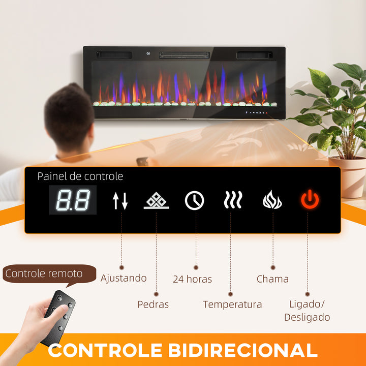 Lareira Elétrica Ultrafina de Parede e Embutir com Chama 3D Lareira Decorativa Brilho/Velocidade Ajustável 12 Cores Pedras 900/1800W Temporizador Termóstato Controlo Remoto