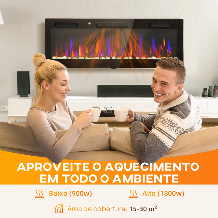 Lareira Elétrica Ultrafina de Parede e Embutir com Chama 3D Lareira Decorativa Brilho/Velocidade Ajustável 12 Cores Pedras 900/1800W Temporizador Termóstato Controlo Remoto