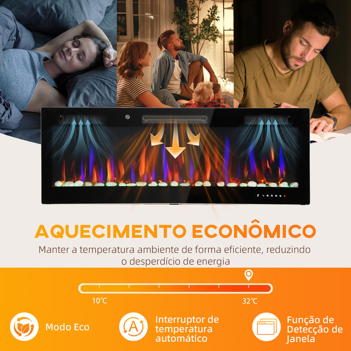 Lareira Elétrica Ultrafina de Parede e Embutir com Chama 3D Lareira Decorativa Brilho/Velocidade Ajustável 12 Cores Pedras 900/1800W Temporizador Termóstato Controlo Remoto