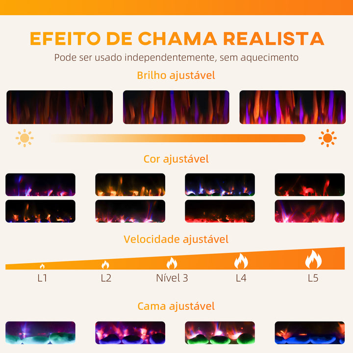 Lareira Elétrica Ultrafina de Parede e Embutir com Chama 3D Lareira Decorativa Brilho/Velocidade Ajustável 12 Cores Pedras 900/1800W Temporizador Termóstato Controlo Remoto