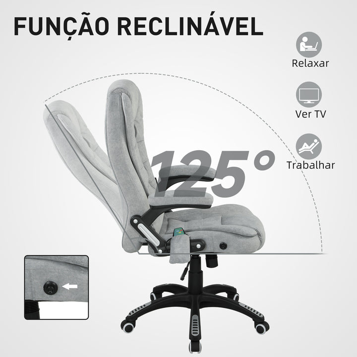 Cadeira de Massagem com 6 Pontos de Massagem Cadeira de Escritório Reclinável até 125° com Função de Aquecimento Altura Ajustável e Rodas para Estúdio 65x71x110-120 cm Cinza