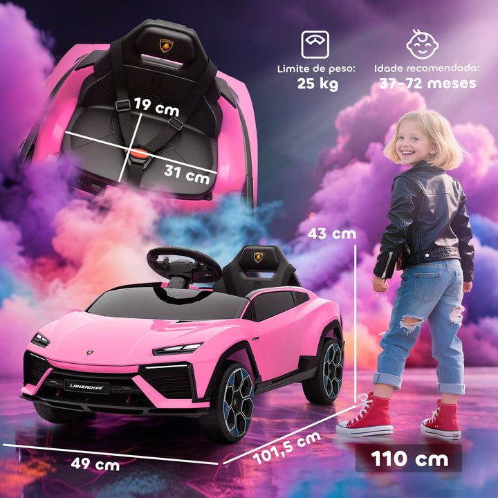Carro Elétrico para Crianças acima de 3 Anos Lamborghini Infantil a Bateria 12V com Controlo Remoto 2,4G Motor Duplo Rodas com Suspensão Portas Estilo Tesoura Faróis Música USB 101,5x49x43 cm Rosa