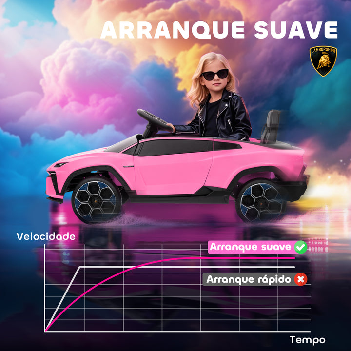 Carro Elétrico para Crianças acima de 3 Anos Lamborghini Infantil a Bateria 12V com Controlo Remoto 2,4G Motor Duplo Rodas com Suspensão Portas Estilo Tesoura Faróis Música USB 101,5x49x43 cm Rosa