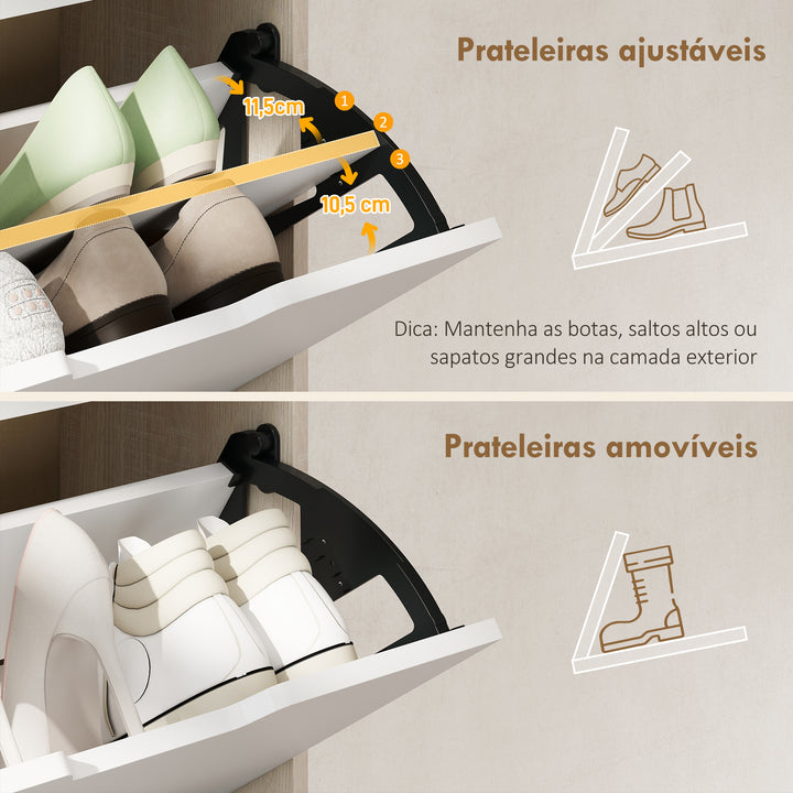 Sapateira de Madeira com 3 Compartimentos Abatíveis e Prateleiras de Armazenamento com Capacidade para 12 Pares de Sapatos para Entrada Corredor Dormitório 62,5x26x117,5 cm Branco e Madeira