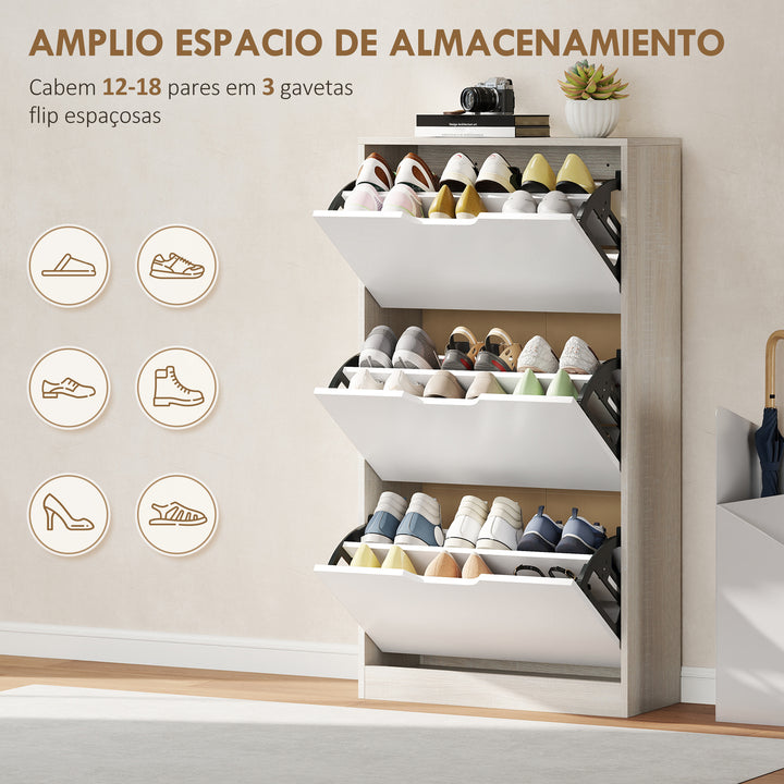 Sapateira de Madeira com 3 Compartimentos Abatíveis e Prateleiras de Armazenamento com Capacidade para 12 Pares de Sapatos para Entrada Corredor Dormitório 62,5x26x117,5 cm Branco e Madeira