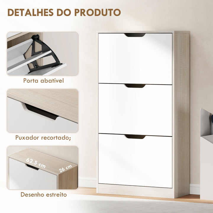 Sapateira de Madeira com 3 Compartimentos Abatíveis e Prateleiras de Armazenamento com Capacidade para 12 Pares de Sapatos para Entrada Corredor Dormitório 62,5x26x117,5 cm Branco e Madeira