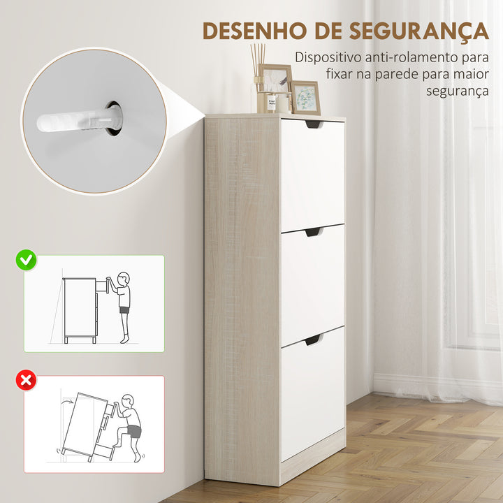 Sapateira de Madeira com 3 Compartimentos Abatíveis e Prateleiras de Armazenamento com Capacidade para 12 Pares de Sapatos para Entrada Corredor Dormitório 62,5x26x117,5 cm Branco e Madeira