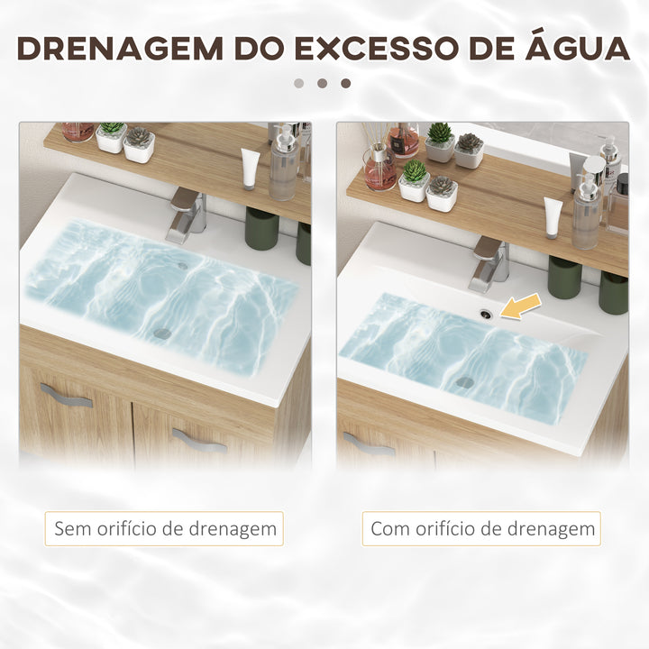 Conjunto de Móveis para Casa de Banho de Parede 3 Peças Inclui Espelho com Prateleira Móvel com Lavatório Cerâmico e Coluna de Casa de Banho Estilo Moderno Madeira